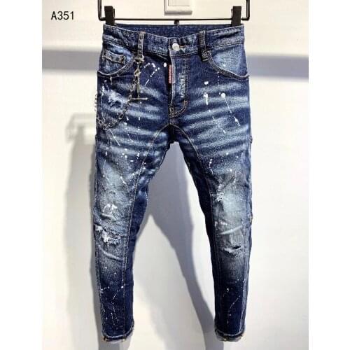 Dsquaren2 Mens Fashion Trend Patch Applique Washed Frayed Hole Painted Slim Fit Slim Jeans DSQ2 mens jeans A351