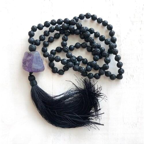 8mm Black Lava Stone Mala Necklace Men Handmade Tassel Necklace 108 Beads Knotted Necklaces Raw A-methyst Q-uartz Yoga Jewelry
