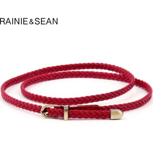 RAINIE SEAN Braided Leather Belt Women Thin Waist Belt Black Red White Pink Ladies Pu Leather Strap Pin Bucklet Female Belts