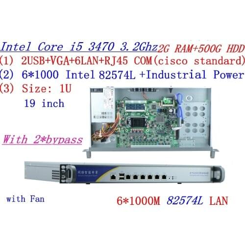 Support ROS RouterOS Mikrotik 1U firewall server router with 6*inte 1000M 82574L Intel I5 3470 3.2Ghz 2G RAM 500G HDD 2*bypass