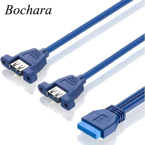 Bochara MotherBoard 20Pin to Dual USB 3.0 Female Y Splitter Cable with Screw Panel Mount Foil+Braided Shielded 30cm 50cm