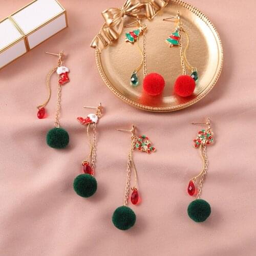 Christmas Fall and Winter Hairball Drop Earrings Christmas Tree Long Section Earrings Fashion Festival Jewelry Gift For Girls