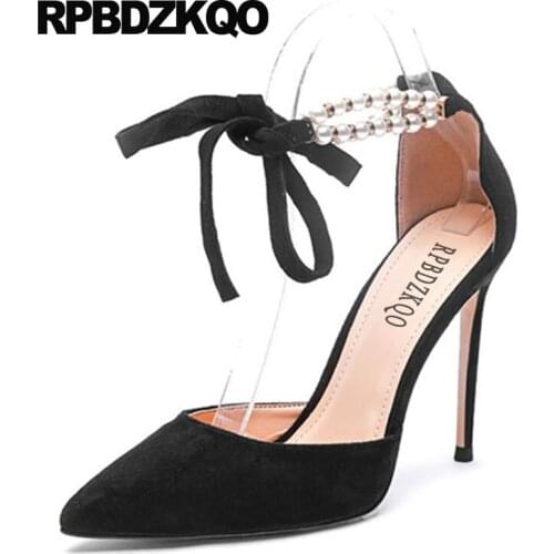 Dress pumps ultra black ankle strap ladies red prom shoes high heels big size extreme super autumn pointed toe suede stiletto