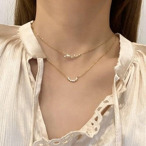 U-Magical Minimalist Double Layer Star Rhinestone Pendant Necklace for Women Gold Color Titanium Steel Necklace Jewellery