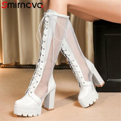 Smeeroon 2021 Newest Knee High Boots Women High Heels Platform Shoes Round Toe Patent Leather Cross Tied Summer Mesh Boots Woman