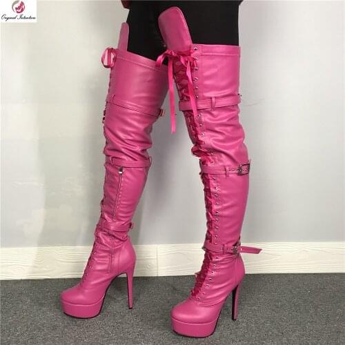 Original Intention Winter New Stylish Fushia Over The Knee High Boots Woman Round Toe High Platform Thin High Heels Long Boots