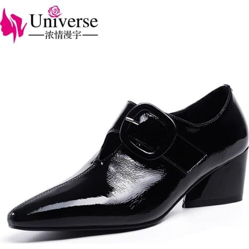 Cow leather middle heel mature point toe women pumps Universe black 5cm square heel office dress shoes new arrival J012