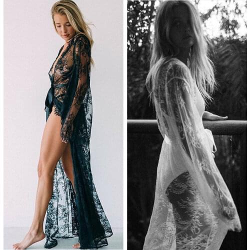 Women Lace Ladies Crochet Swimwear Bikini Cover Up Hollow Crochet Swimwear Bikini Long Sleeve Cover Beach Dress Sarongs Kaftan