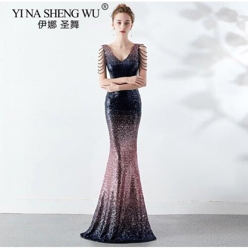 Mermaid Dress Long Faded V-Neck Beaded Latest Sequin Sexy Party Ball Party Dress Official Vestidos Annual Meeting Robe De Soiree