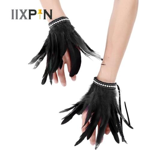 1 Pair Punk Gothic Feather Wrist Cuffs Faux Pearl Lace Real Natural Feather Wrist Cuffs for Costume Party Halloween Photo Props