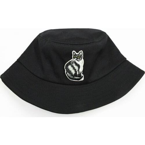 2021 Black Cat Animal Embroidery Cotton Bucket Hat Fisherman Hat Outdoor Travel Hat Sun Cap Hats for Men and Women 217