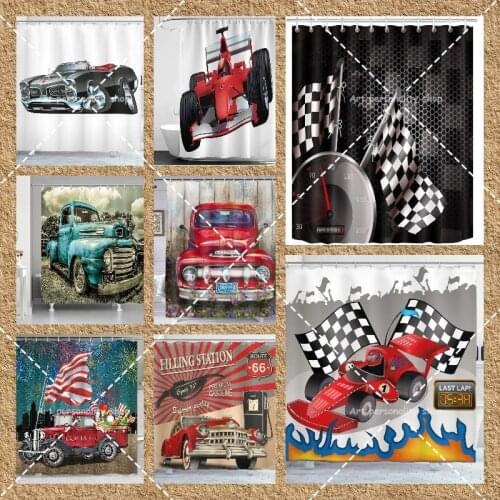 F1 Cars Shower Curtain Race Car Finish Line Flags Pilot Abstract Plain Background Print Bathroom Decor Set with Hooks Bath Decor