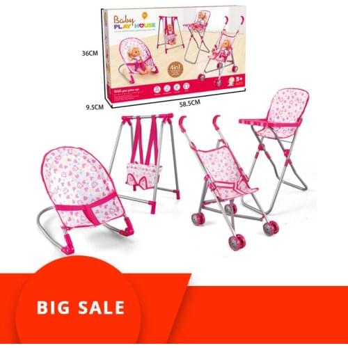 4 in 1 Baby Children Foldable High Dinning Chair Swing Chair Stroller Cot Bed Dolls Toys Set Gift box Pretend Play funiture Toys