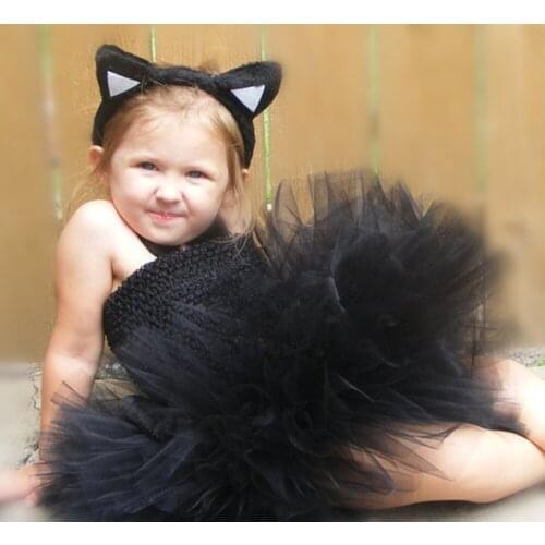 Cute Girls Black Cat Style Crochet Tutu Dress Kids Fluffy 2Layers Corset Tulle Ballet Tutus with Hairbow Children Party Dresses