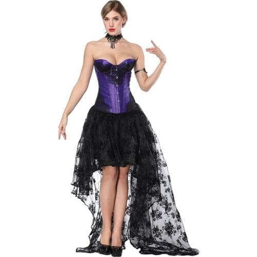 Purple Satin And Black Lace Vintage Gothic Corset Dress Sexy Burlesque Costume Steampunk Clothing Victorian Korsett For Women