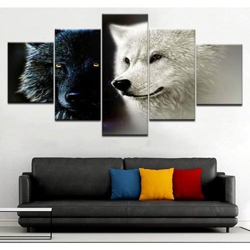 HD Printed Modern 5 Panel Yellow Eyes Two Wolf Painting Wall Art Modular Poster Framework Pictures Home Decor Canvas Living Room