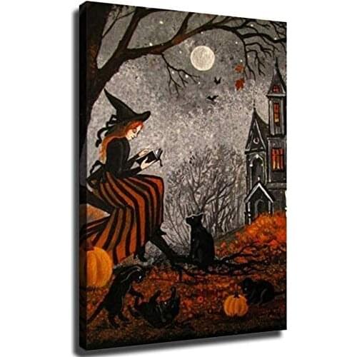 Halloween Witch Black Cat Vintage Style Folk On Canvas Oil Painting And Prints Decorations Wall Art Picture Living Room Wall