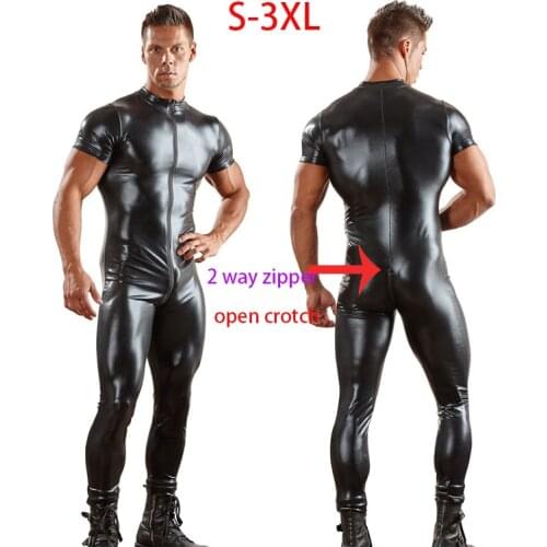 Hot Exotic Apparel For Man Wet Look Sexy Long pants short sleeve Catsuit PVC Leather Men Bodysuit gay Costume M-3XL