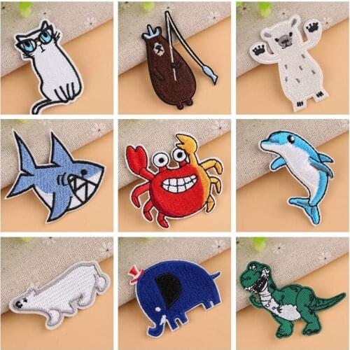 Cartoon Cats Bear Animal Embroidery Patches DIY Cute Fish Decoration Clothes Stickers Iron On Crab Dolphin Dinosaur Appliques