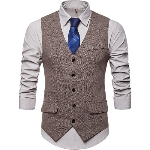 Men New Spring and Autumn Herringbone Single-Breasted Business Vest Solid Color V-Neck Sleeveless Gentleman Slim Suit Vest