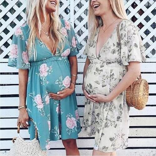New Summer Deep-V Dress For Pregnant Women Casual Floral Short Sleev Maternity Dress Pregnant Breastfeeding Clothes Blue/White