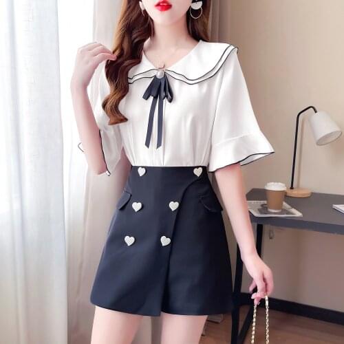 New Women Fashion Short Flare Sleeve Chiffon Shirts Tops + Black Heavy Industry Love Nail Drill Shorts Suits Sweet 2 Piece Set