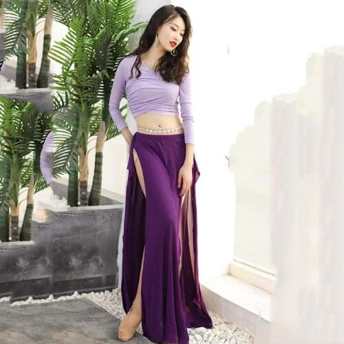 New style belly dance costume fall/winter womens V-neck shirt split sequined long skirt oriental dance performance costume