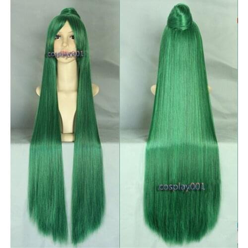 Long Green Sailor Pluto Meiou Setsuna Cosplay Wig With Detachable Bun Heat Resistant Synthetic Hair Wigs + Wig Cap