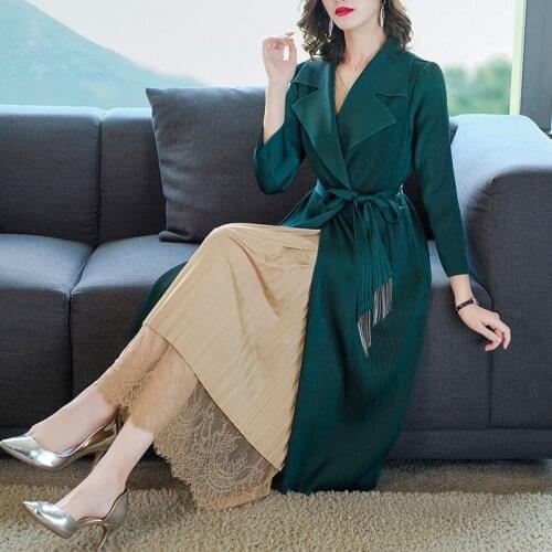 Long Sleeve Miyake Pleated Lace-up Windbreaker Turndown Collar Solid Color Elegant Large Size Maxi Trench Coat Female Clothes