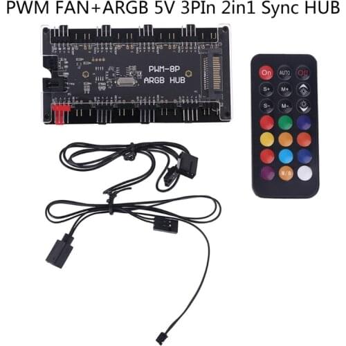 PWM FAN+ARGB LED 2 in 1 Sync Hub Wireless Controller 1 To 8 Multi Way Splitter 5V 3PIN RGB cooler 4Pin Fan Adapter AURA ARGB