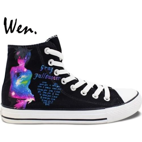 Wen Black Hand Painted Shoes Fairy Tail Gray Lucy Men Womens Birthday Gifts High Top Anime Canvas Sneakers