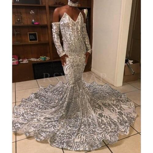 African Black Girl Long Prom Dress 2021 Stunning Silver Sequin V-neck Long Sleeve Mermaid Prom Dresses