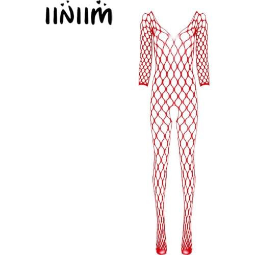 Iiniim Womens Exotic Teddies Long Sleeve Crotchless Bodystocking Fishnet Hollow Out Bodysuit Mesh Lingerie Bodycon Nightwear