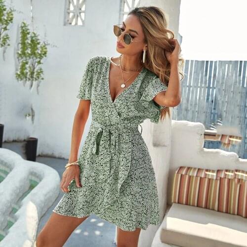 Summer Womens New Style Dresses Sexy Deep V Neck Fashion Print Horn Short Sleeved Casual Loose Lace Up Elastic Waist Dress 2021
