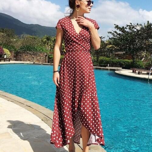 GOOHOJIO 2020 Dot Print Ruffles Women Dress V-neck Midi Dress Ladies High Split Dress 2020 New Beach Holiday Sundresses Vestidos