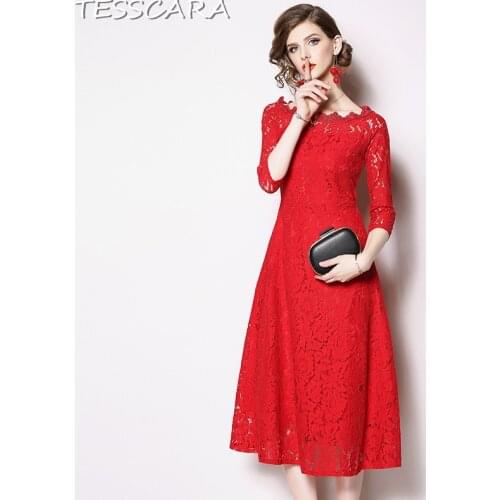 TESSCARA Women Spring Office Elegant Lace Dress Festa Female High Quality Vintage Designer Vestidos Long Party Black Robe Femme