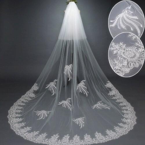 2019 Designed Bridal Veils Lace Cathedral Wedding Veils With Comb Two-Layer Blusher Face Appliques Pleats Bridal Veil
