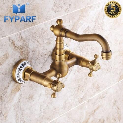 FYPARF Antique Brass Wall Mounted Bathroom Faucet Dual Cross Handles 360 Swivel Spout Touch Faucet Cold and Hot Water Tap B404AT