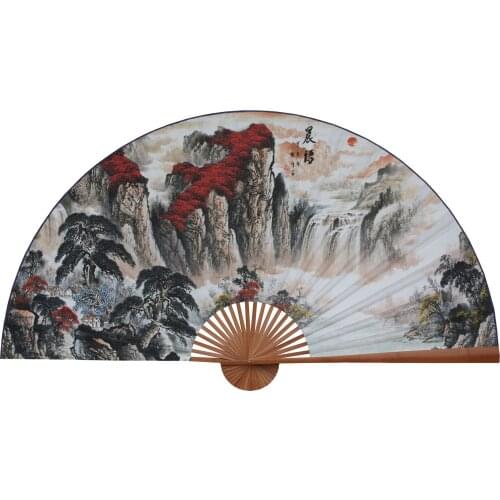 Large Folding Paper Fan Chinese Style Crafts Banboo Frame Background Decorative Fan Hanging Red Landscape Good Luck