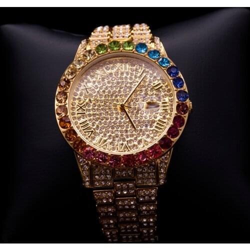 MISSFOX Big Rainbow Diamond Bling Bling Watch Women Icd Rome Dial Steel Bracelet Classic Watches Luxury Brand High Quality Watch