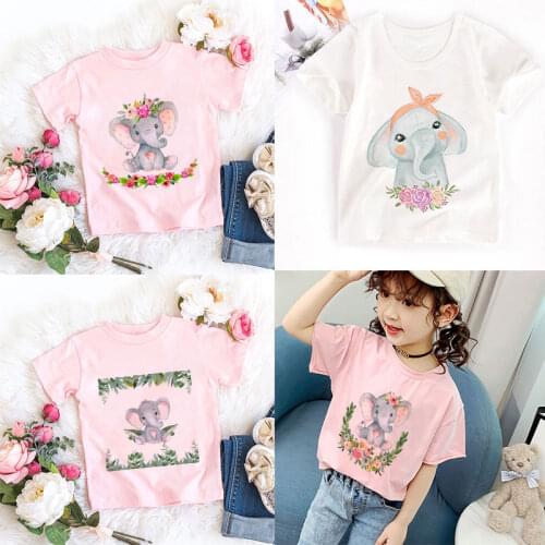 New Harajuku Boy Tshirt Unisex Cartoon Flower Plant Elephant Print Girls T Shirt Leisure Girl T-shirt Children Kids Tops Fashion