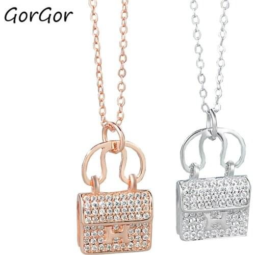 GorGor Necklace Women 925 Sterling Pattern Letter Bag Mosaic Zirconia Pendant Exquisite Temperament Birthday Jewelry XL124