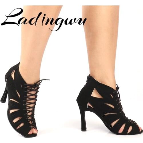 Ladingwu Womens Social Ballroom Latin Salsa Dance Boots Party Dancing Shoes Black Suede Ankle Boots Salsa Dance Shoes Women