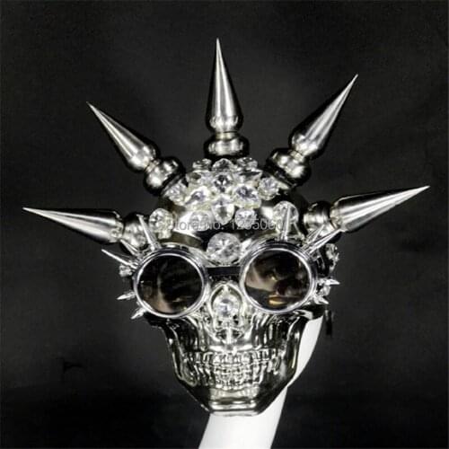 Skull mask Halloween ballroom dance costume singer dj disco stage show wears robot party bar headwear club performance suit