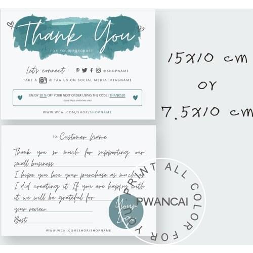 Instant Download Blue Thank You Card, Watercolor DIY Printable Thank You for your purchase Note With Coupon, Logo&Social Media