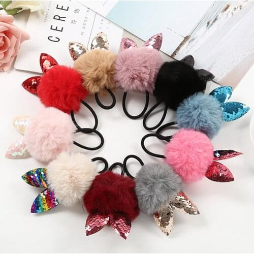 Cute Cat Ear Pompom Baby Girl Hair Band Fake Rabbit Fur Ball Elastic Kids Hair Rope Rubber Band Headwear Baby Hair Accessories