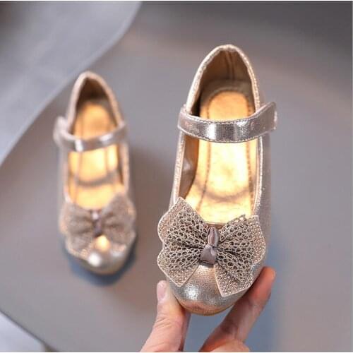 Fashion Princess Kids Leather Shoes For Girls Beautiful Casual Glitter Children High Heel Girls Shoes Butterfly Knot Gold Pink