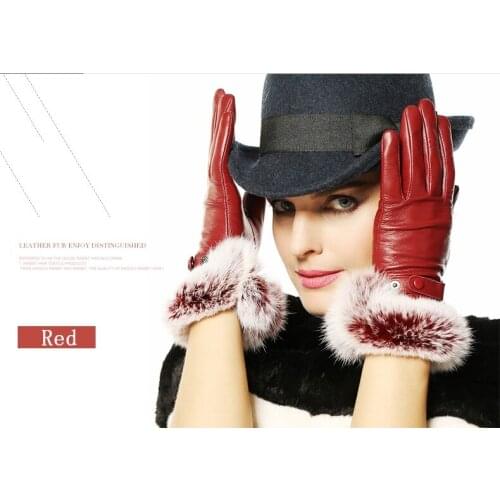 New Luxury Italian Soft Nappa Leather Glove For Women With 100% Rabbit Cuff Glove Red Brown Black 1 Pair/Lots