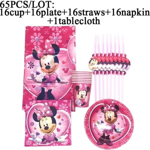 Minnie Mouse Party Decorations Pink Plate Cup Straw Napkin Set Disposable Tableware Baby Girl Birthday Party Supplies Tablecloth
