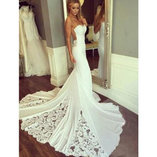 Sexy Backless Boho Wedding Dress Long Train Spagheti Straps Mermaid Lace Appliques Bohemian Beach Bridal Gowns Charming Bride
